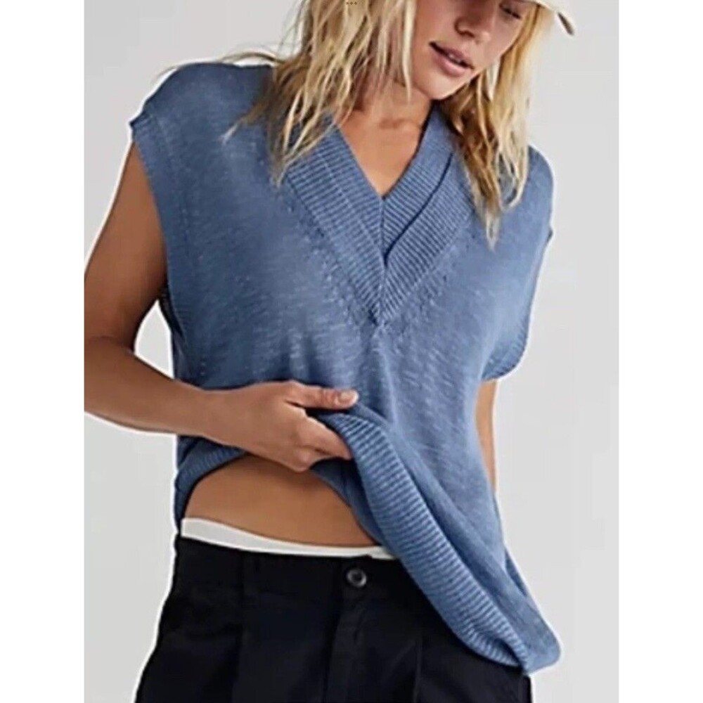 Free People Womens XS Hannah Oversized Tunic Sweater Vest Blue